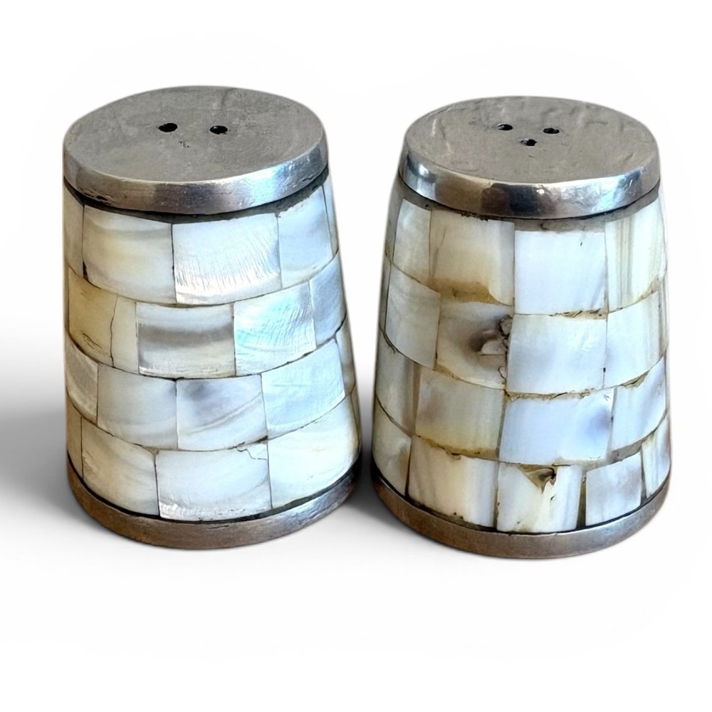 Vintage Mother of Pearl Mosaic Salt and Pepper Shakers Silver Tone Inlay Set